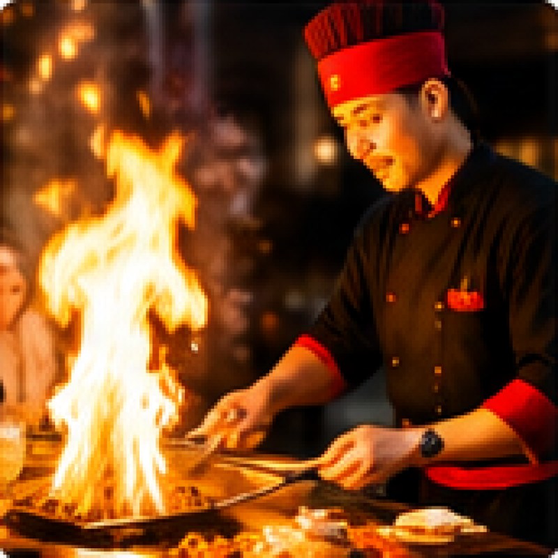 Hibachi chef cooking over a large flame