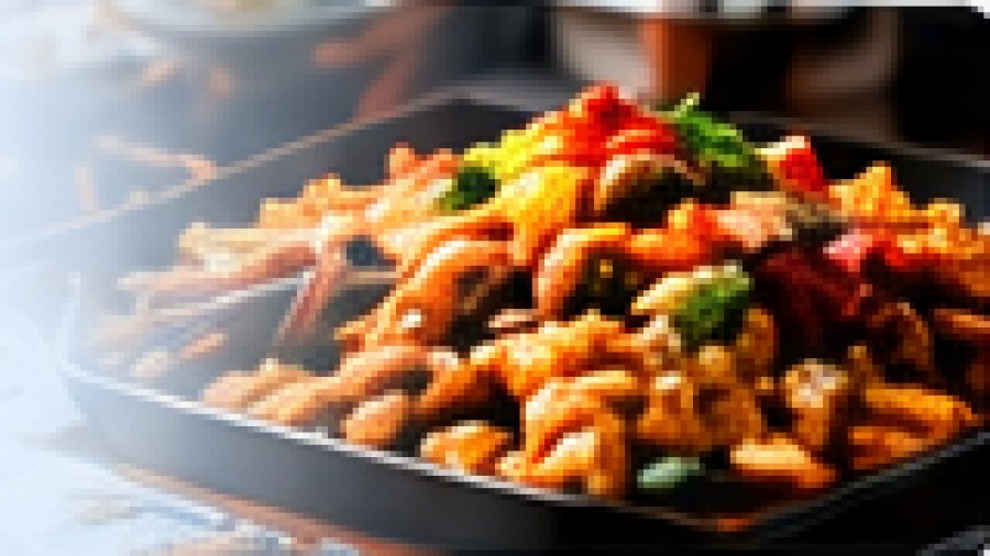 Hibachi steak, shrimp and fried rice on a hot teppanyaki plate