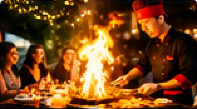 Hibachi chef putting on a flame show at a birthday party