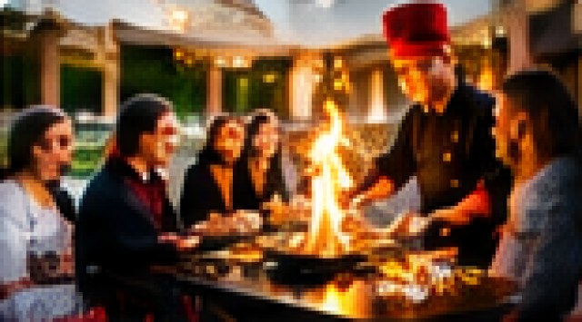 Friends celebrating around a hibachi chef and flaming grill